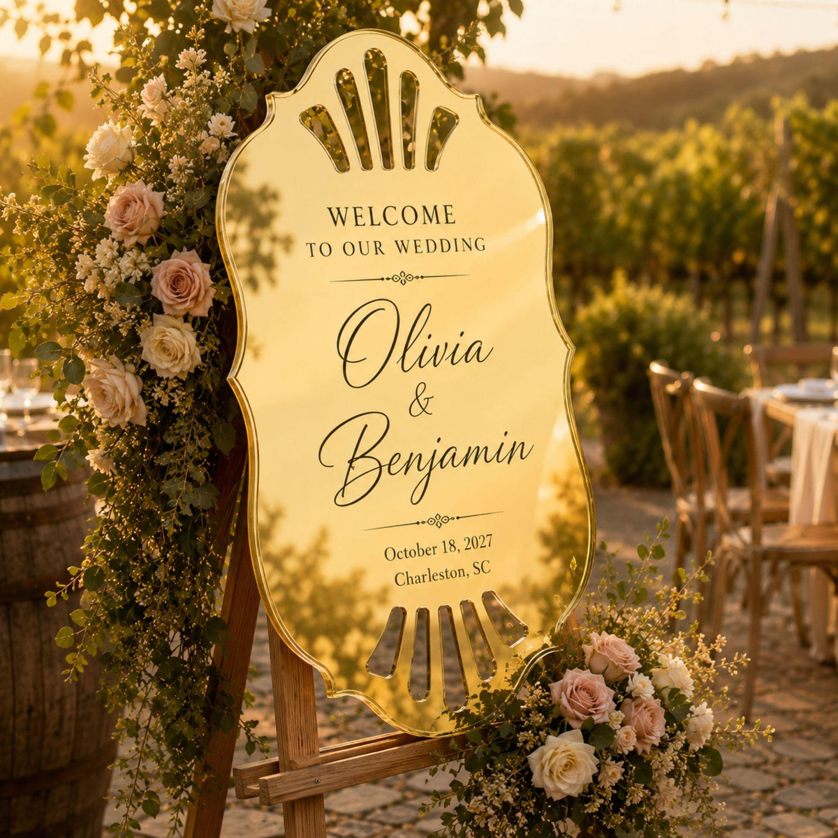 Custom Engraved Mirror Acrylic Wedding Welcome Sign, Personalized Couple Names Entrance Decor, Gold or Silver Ceremony Sign