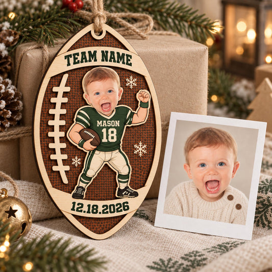 Personalized Kids Photo Football 2 Layer Wood Ornament, Custom Player Portrait Name Jersey Number Team Colors and Special Date Keepsake