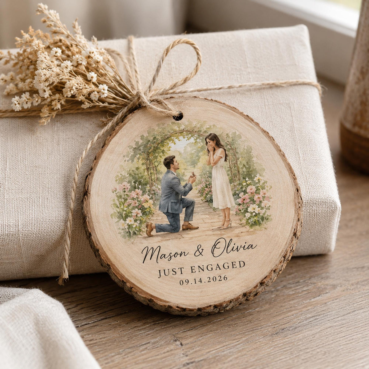 Custom Engagement Couple Photo Watercolor Wooden Stake Mat Cork, Personalized Wedding Gift For Newly Engaged Couple, Anniversary Gift