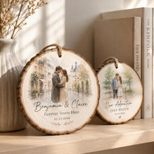 Custom Engagement Couple Photo Watercolor Wooden Stake Mat Cork, Personalized Wedding Gift For Newly Engaged Couple, Anniversary Gift