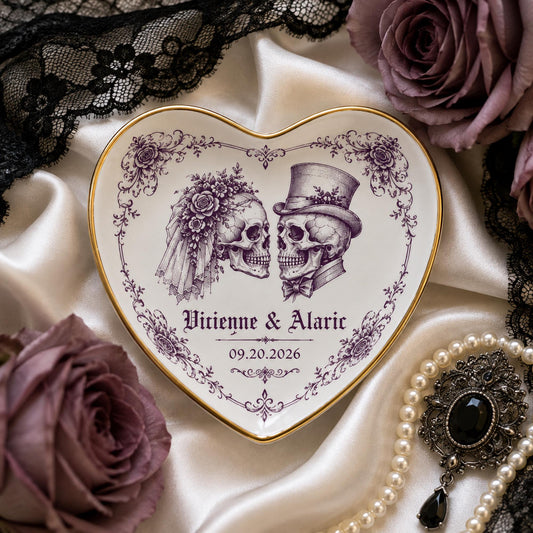 Custom Couple Name Gothic Wedding Ring Dish, Personalized Bride Groom Skull Ceramic Trinket Tray, Gothic Wedding Gift, Halloween Gift