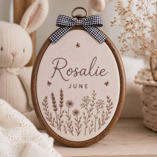 Custom Hand Embroidered Baby Name & Wildflower Hoop Sign, Personalized Embroidery Floral Nursery Wall Decor, Baby Announcement, Newborn Gift