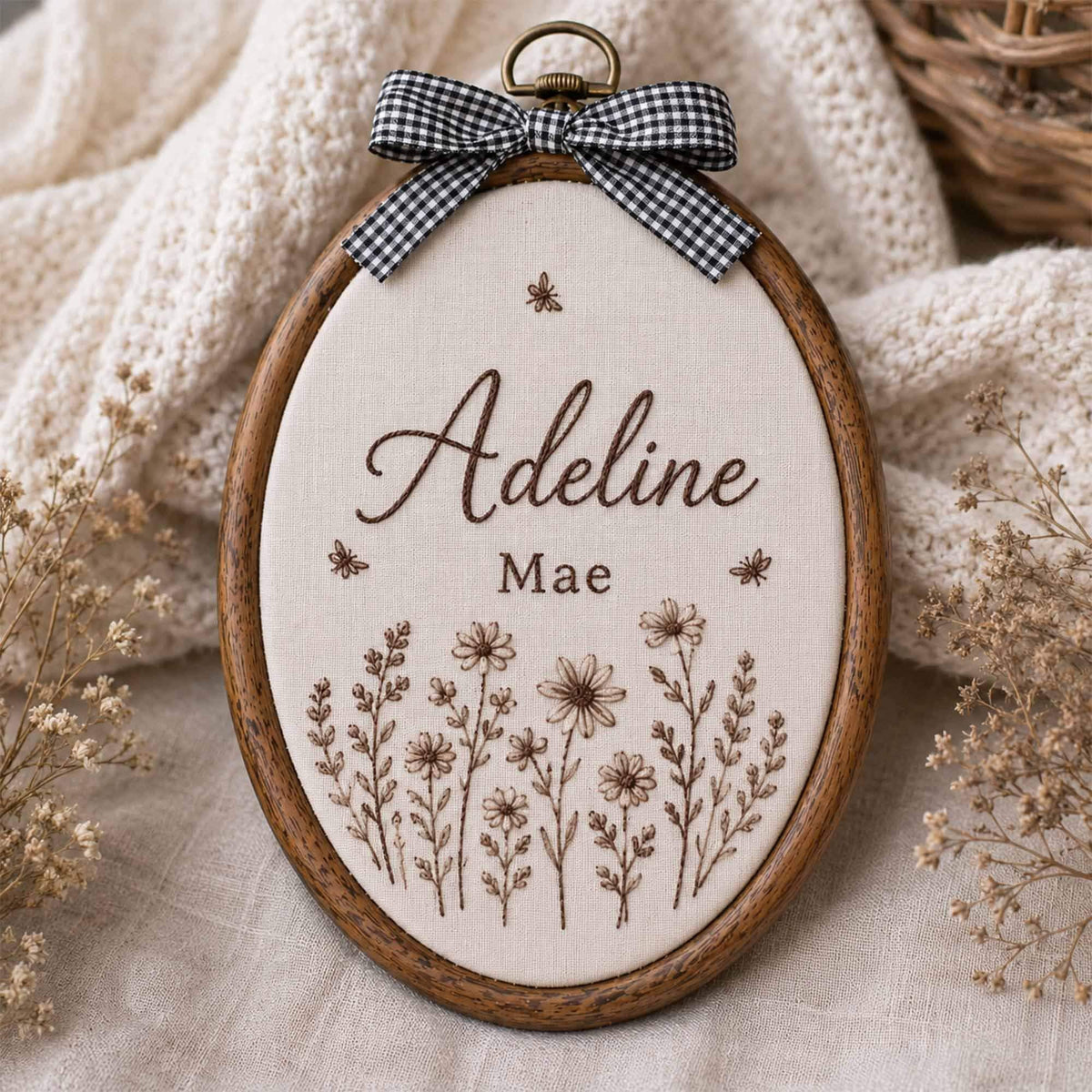 Custom Hand Embroidered Baby Name & Wildflower Hoop Sign, Personalized Embroidery Floral Nursery Wall Decor, Baby Announcement, Newborn Gift