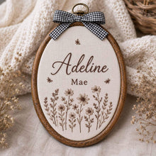 Custom Hand Embroidered Baby Name & Wildflower Hoop Sign, Personalized Embroidery Floral Nursery Wall Decor, Baby Announcement, Newborn Gift