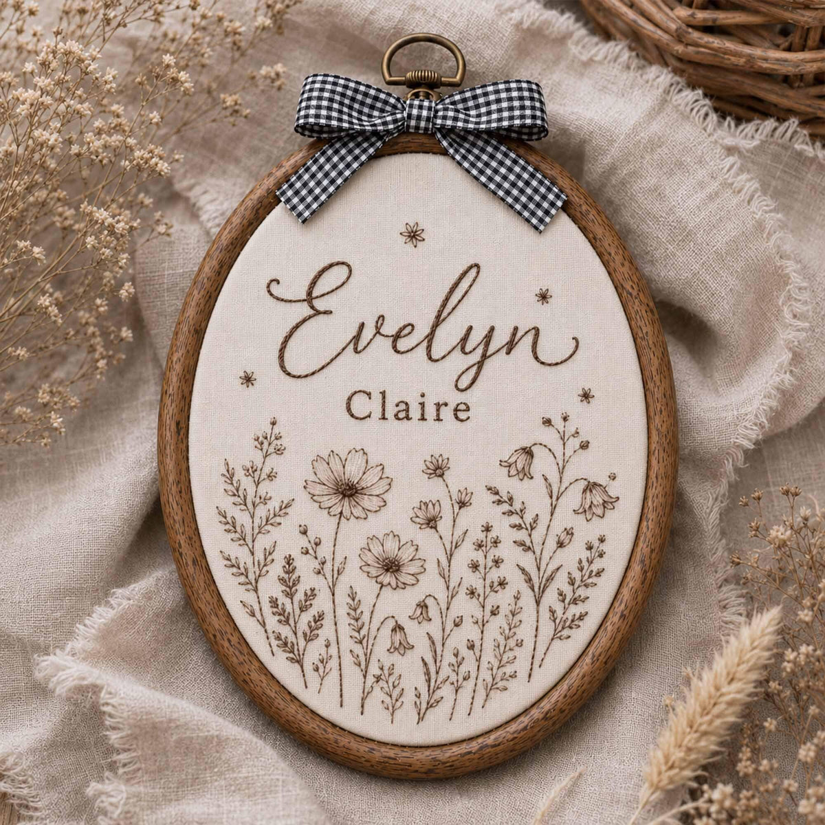 Custom Hand Embroidered Baby Name & Wildflower Hoop Sign, Personalized Embroidery Floral Nursery Wall Decor, Baby Announcement, Newborn Gift