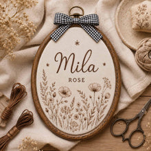 Custom Hand Embroidered Baby Name & Wildflower Hoop Sign, Personalized Embroidery Floral Nursery Wall Decor, Baby Announcement, Newborn Gift
