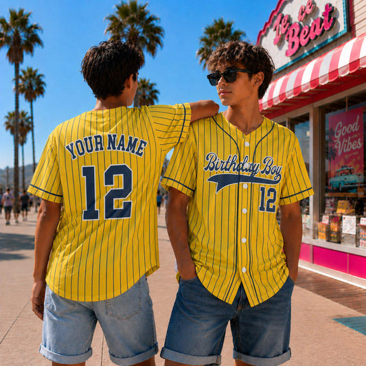 Yellow Pinstripe Baseball Jersey, Custom Birthday Boy Shirt, Personalized Name and Number Uniform, Matching Sports Outfit