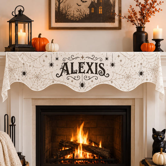 Personalized Halloween Fireplace Mantel Scarf, Custom Name with Vintage Spiderwebs Spiders Stars and Gothic Flourish Holiday Decor