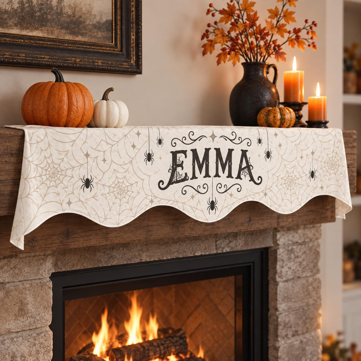 Personalized Halloween Fireplace Mantel Scarf, Custom Name with Vintage Spiderwebs Spiders Stars and Gothic Flourish Holiday Decor