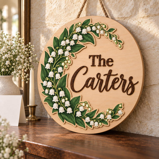 Personalized Lily of the Valley 2 Layer Wooden Door Sign, Custom Family Surname Floral Wreath Door Hanger for Wedding or Housewarming Gift