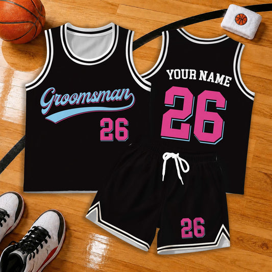 Black Groomsman Basketball Jersey Set, Personalized Wedding Sports Uniform, Custom Name & Number Jersey, Funny Bachelor Party Gift