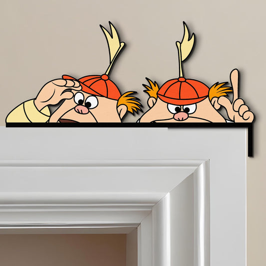 Crazy Twins Door Topper, Mischievous Cartoon Kids Wall Decor, Playroom Bedroom Shelf Sitter Gift, Kid Room Decor