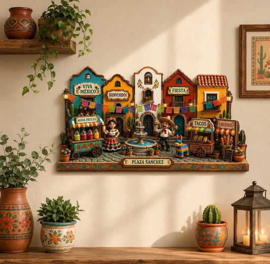 Mexican Street Wooden Sign, Cinco de Mayo Wooden Sign, Fiesta Market Scene, Wall Decor