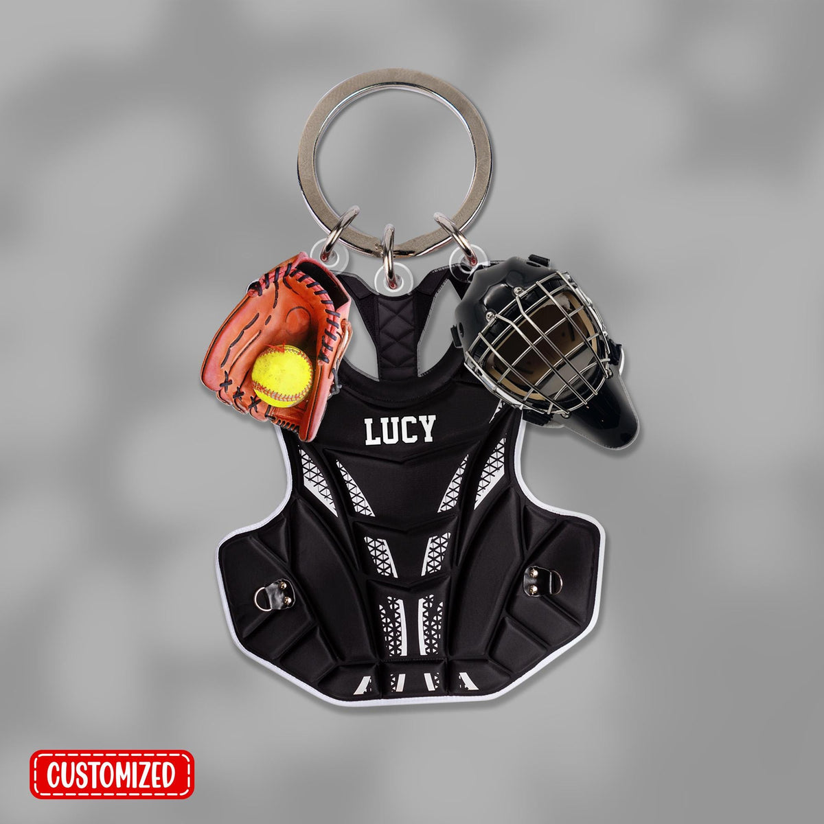 Softball Catcher Multi-Charm Keychain, Personalized Softball Keychain With Charms
