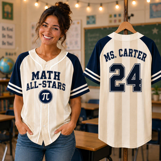 Custom Subject Teacher Baseball Jersey Shirt, Personalized Teacher Name & Number Pinstripe Jersey, First Day Outfit, Teacher Squad Gift