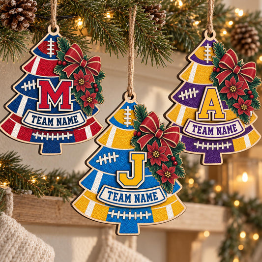 Personalized Football Christmas Tree 2 Layer Wood Ornament, Custom Monogram Initial Team Name and Colors Holiday Sports Keepsake Gift