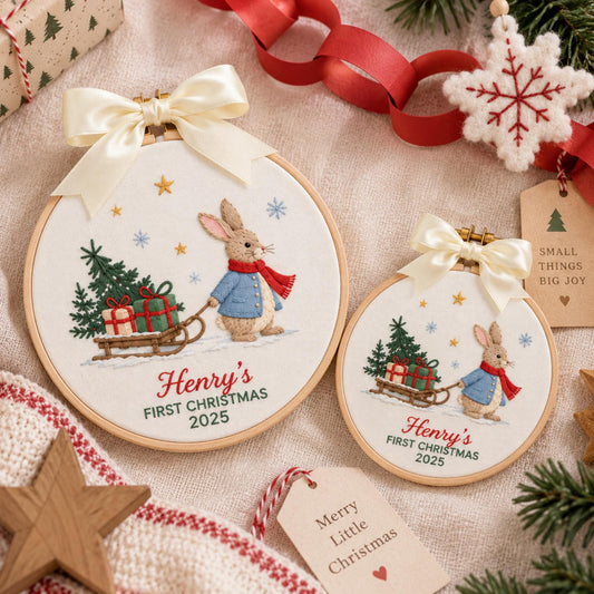 Embroidered Custom Baby Name Bunny Rabbit Christmas Ornament, Personalized Holiday Keepsake, Cute First Christmas Gift, Cozy Home Decor