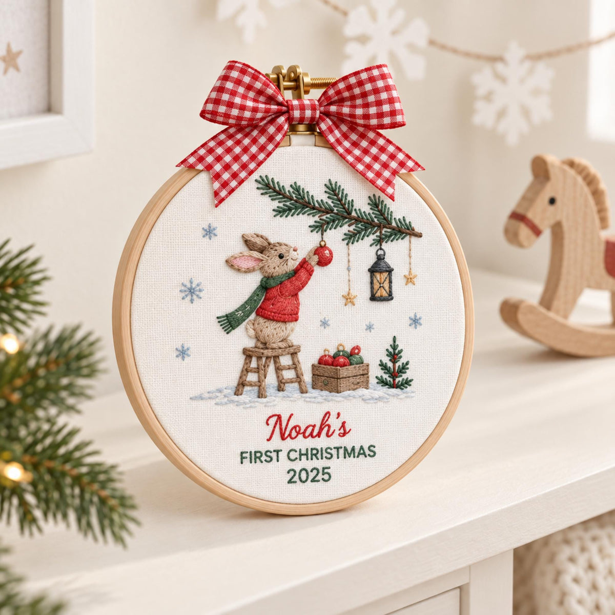 Embroidered Custom Baby Name Bunny Rabbit Christmas Ornament, Personalized Holiday Keepsake, Cute First Christmas Gift, Cozy Home Decor