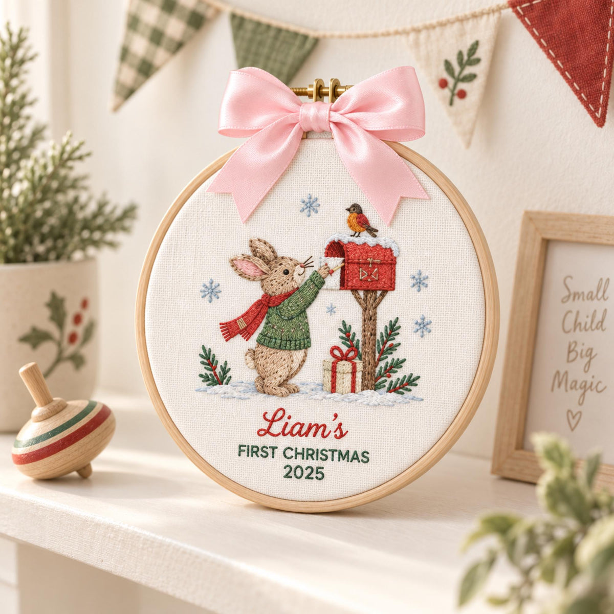 Embroidered Custom Baby Name Bunny Rabbit Christmas Ornament, Personalized Holiday Keepsake, Cute First Christmas Gift, Cozy Home Decor