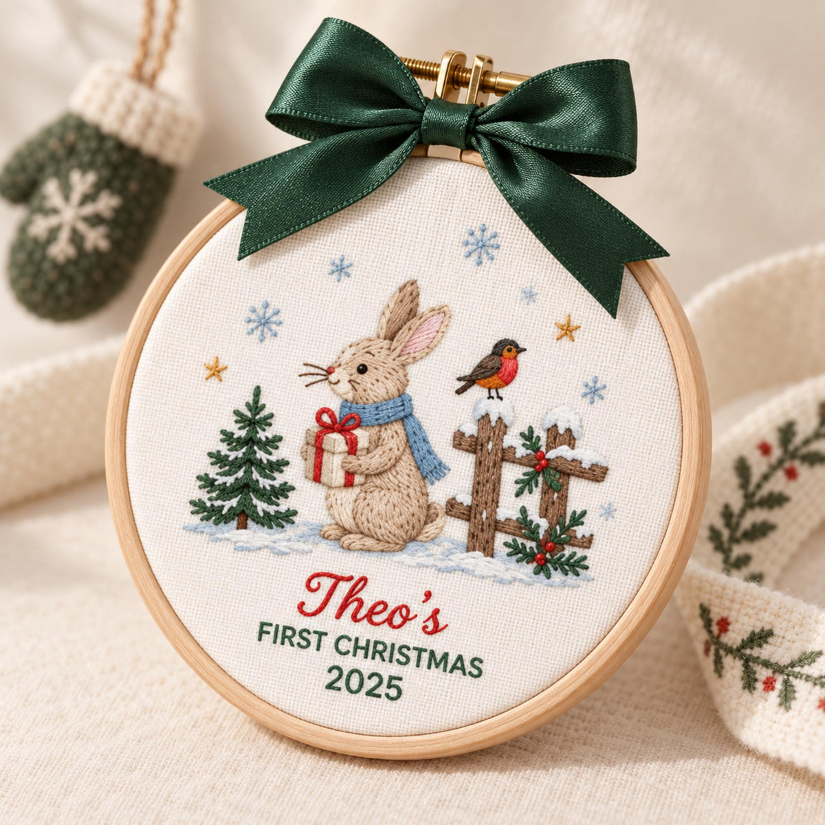 Embroidered Custom Baby Name Bunny Rabbit Christmas Ornament, Personalized Holiday Keepsake, Cute First Christmas Gift, Cozy Home Decor