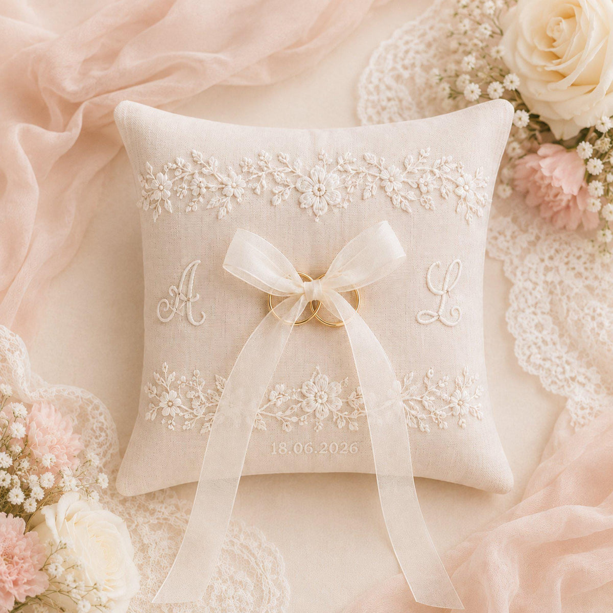 Personalized Hand Embroidered Ring Pillow, Custom Wedding Ring Bearer Pillow, Monogram Lace Ring Cushion, Bridal Ceremony Decor