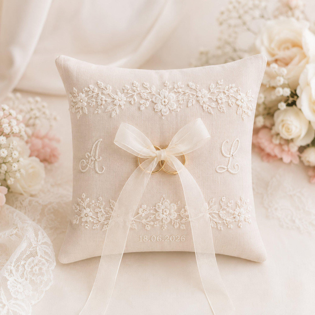 Personalized Hand Embroidered Ring Pillow, Custom Wedding Ring Bearer Pillow, Monogram Lace Ring Cushion, Bridal Ceremony Decor