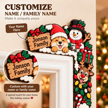 Personalized Christmas Door Corner Decor, Custom Pet & Family Name Sign, 2 Layer Wooden Door Frame Topper, Santa Holiday Door Decor