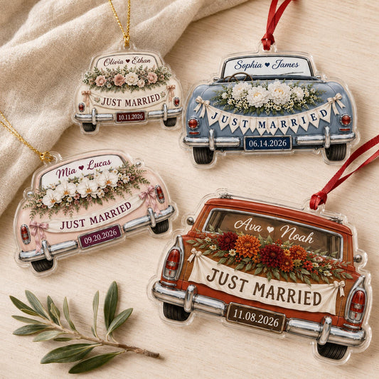 Personalized Just Married Car Ornament, Custom Couple Name Wedding Date Acrylic Ornament, First Christmas Married Keepsake, Newlywed Gift