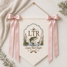 Custom Name Embroidered Fishing Theme Canvas Banner, Personalized Baby Nursery Sign, Newborn Announcement Keepsake, Fishing Family Gift