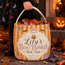 Custom Name Striped Boo Basket, Personalized Halloween Candy Bucket, Trick Or Treat Bag, Halloween Party Decor, Spooky Season Gift