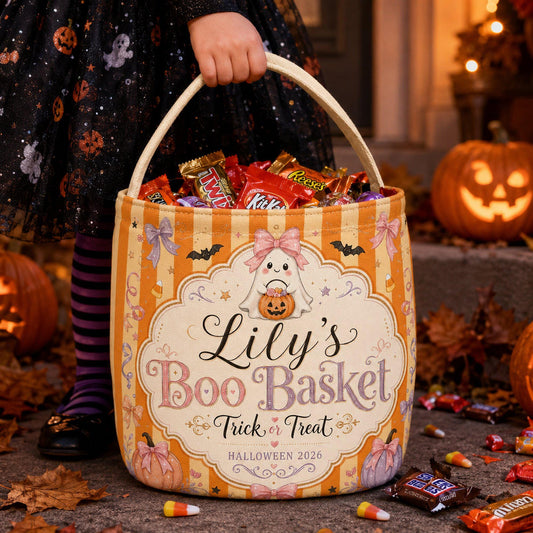 Custom Name Striped Boo Basket, Personalized Halloween Candy Bucket, Trick Or Treat Bag, Halloween Party Decor, Spooky Season Gift