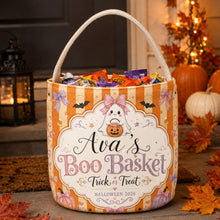 Custom Name Striped Boo Basket, Personalized Halloween Candy Bucket, Trick Or Treat Bag, Halloween Party Decor, Spooky Season Gift