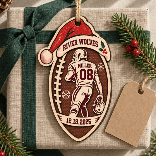 Personalized Football 2 Layer Wood Ornament, Custom Team Name Player Surname Jersey Number and Date Christmas Sports Keepsake Gift