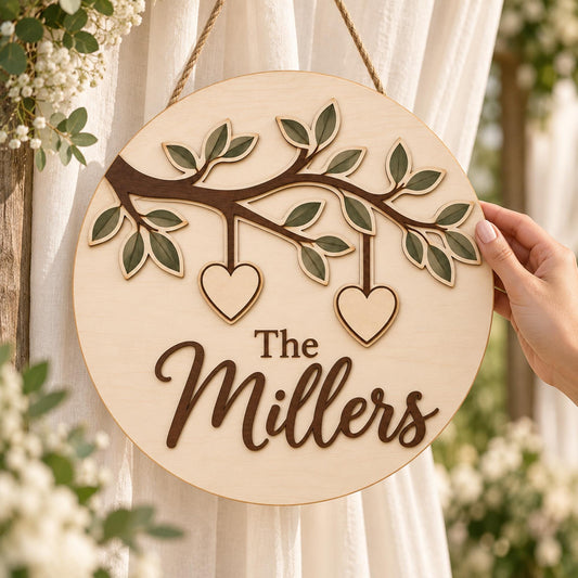 Personalized Family 2 Layer Wooden Door Sign, Custom Surname Tree Branch with Hanging Hearts Door Hanger for Wedding or Housewarming