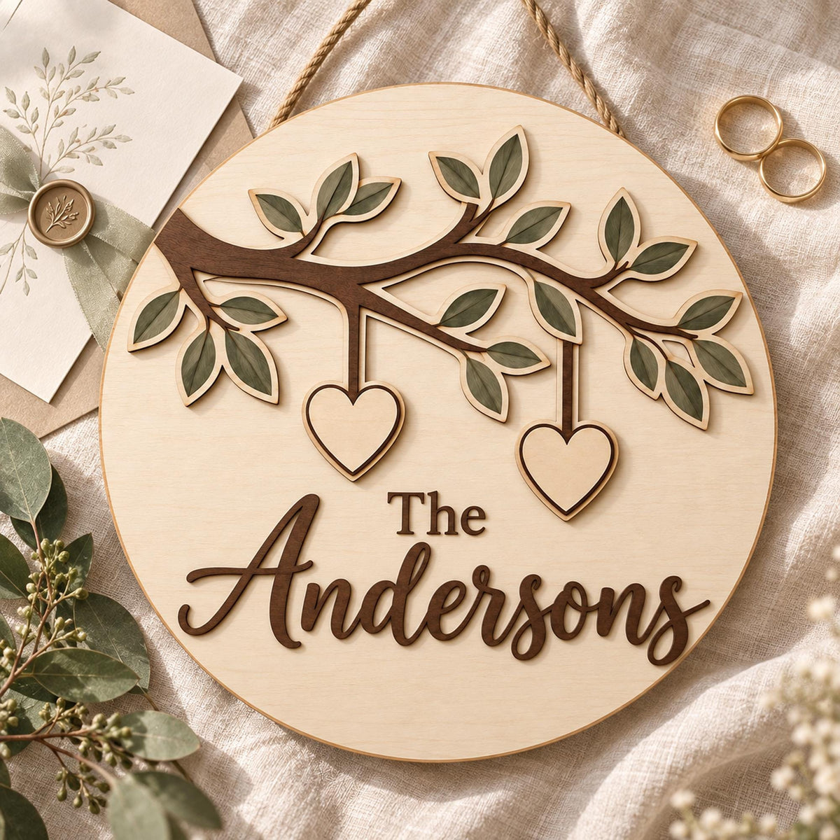 Personalized Family 2 Layer Wooden Door Sign, Custom Surname Tree Branch with Hanging Hearts Door Hanger for Wedding or Housewarming