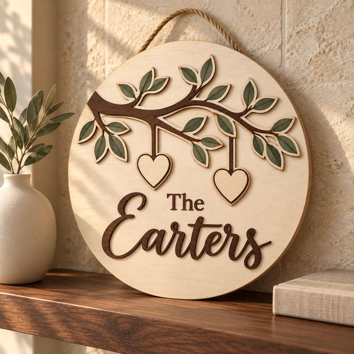 Personalized Family 2 Layer Wooden Door Sign, Custom Surname Tree Branch with Hanging Hearts Door Hanger for Wedding or Housewarming