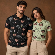 Golf Partners for Life Polo Shirt with Custom Face Photo Portrait, Golfing Couple Matching Shirt, Personalized Short Sleeve Golf Lover Shirt