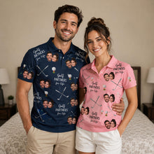 Golf Partners for Life Polo Shirt with Custom Face Photo Portrait, Golfing Couple Matching Shirt, Personalized Short Sleeve Golf Lover Shirt