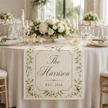Personalized Wedding Linen Table Runner, Custom Couple Name Reception Decor, Floral Wedding Table Runner, Newlywed Keepsake