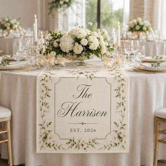 Personalized Wedding Linen Table Runner, Custom Couple Name Reception Decor, Floral Wedding Table Runner, Newlywed Keepsake