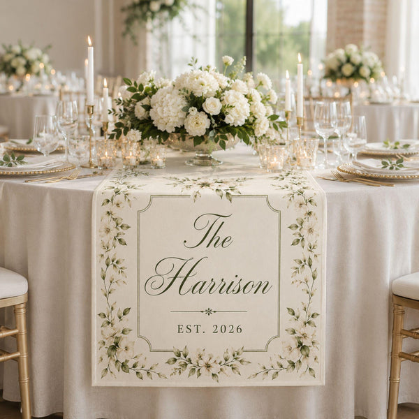 Personalized Wedding Linen Table Runner, Custom Couple Name Reception Decor, Floral Wedding Table Runner, Newlywed Keepsake