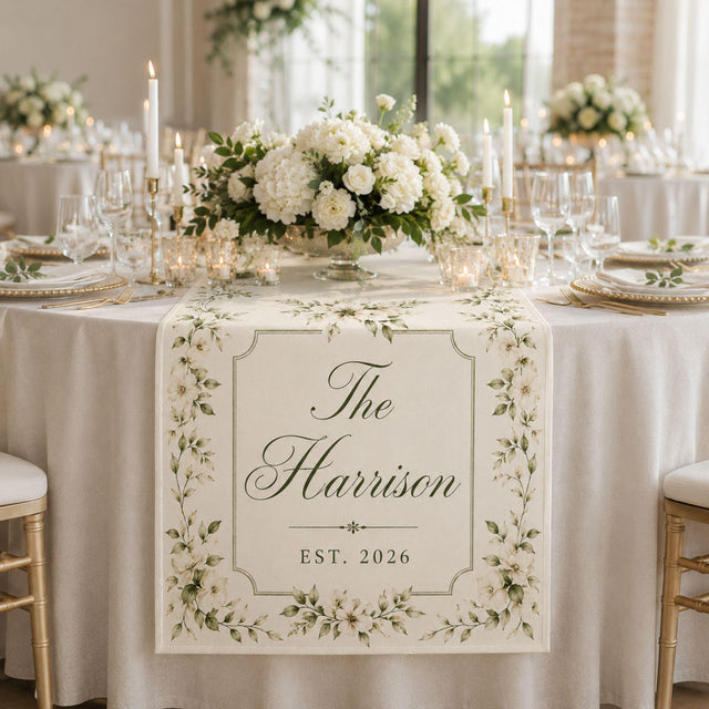 Personalized Wedding Linen Table Runner, Custom Couple Name Reception Decor, Floral Wedding Table Runner, Newlywed Keepsake