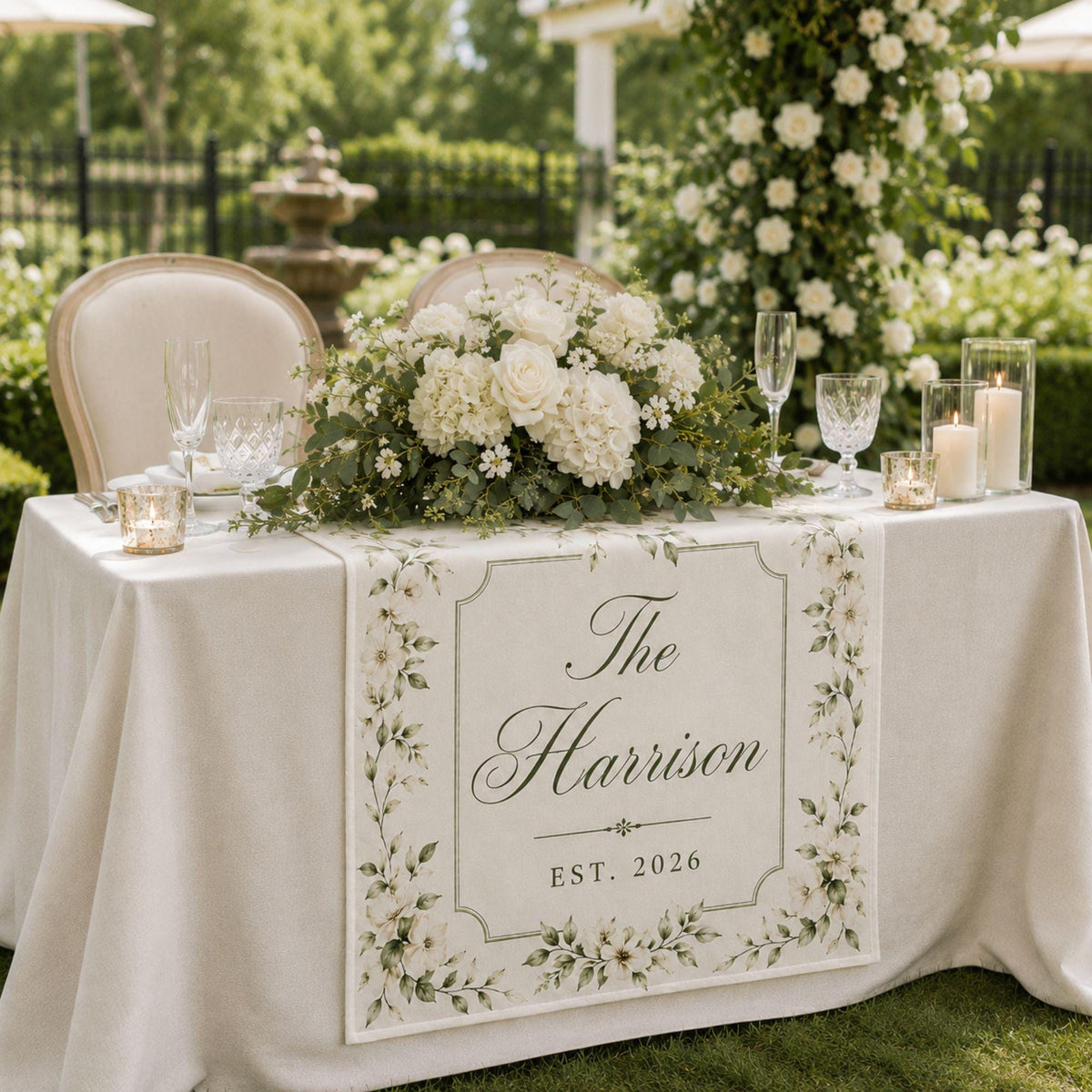 Personalized Wedding Linen Table Runner, Custom Couple Name Reception Decor, Floral Wedding Table Runner, Newlywed Keepsake