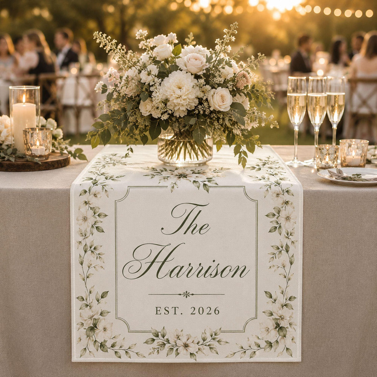 Personalized Wedding Linen Table Runner, Custom Couple Name Reception Decor, Floral Wedding Table Runner, Newlywed Keepsake