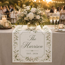 Personalized Wedding Linen Table Runner, Custom Couple Name Reception Decor, Floral Wedding Table Runner, Newlywed Keepsake