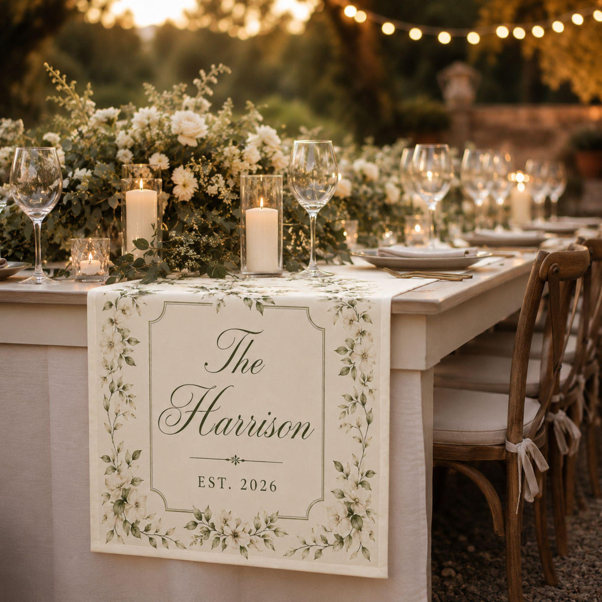 Personalized Wedding Linen Table Runner, Custom Couple Name Reception Decor, Floral Wedding Table Runner, Newlywed Keepsake