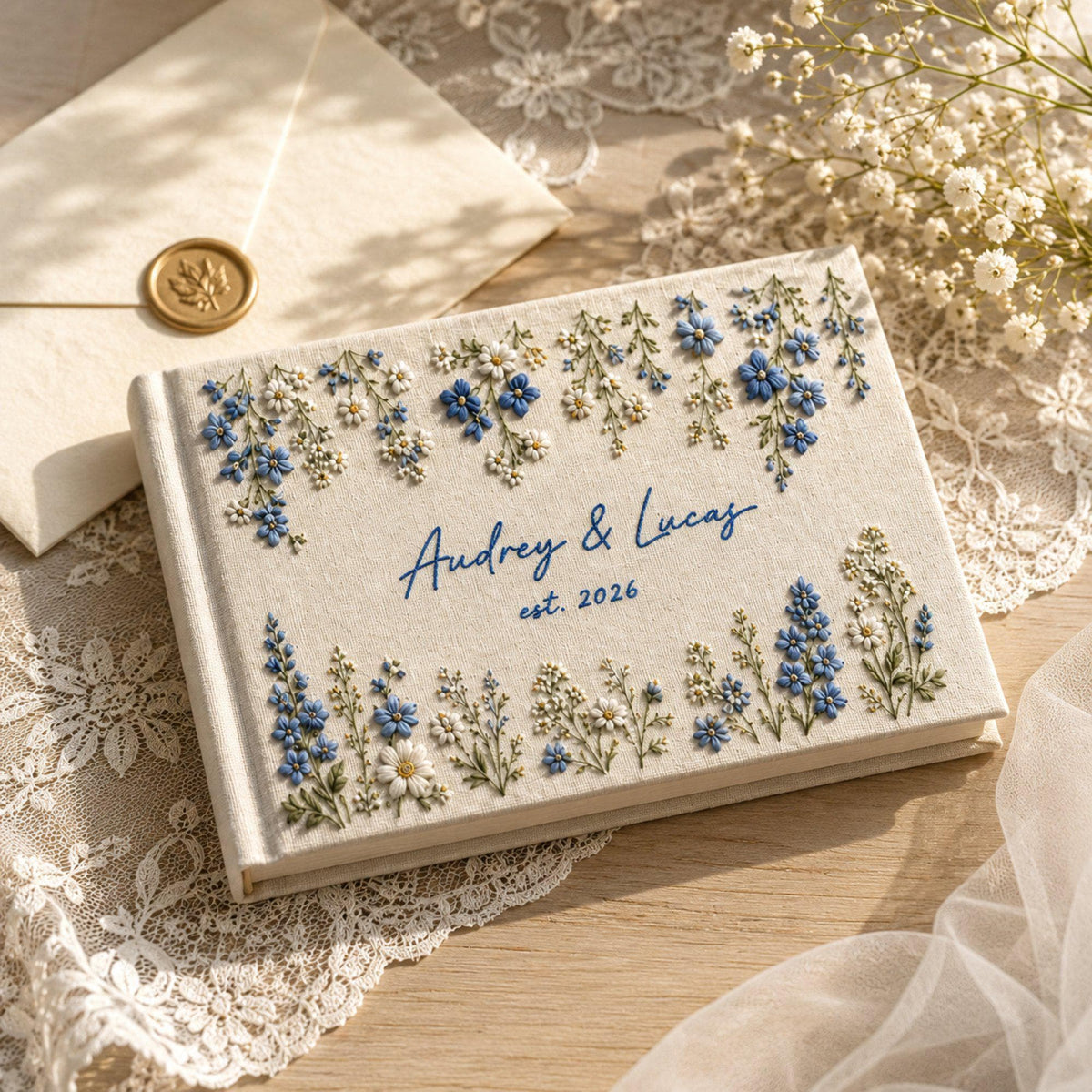 Custom Wildflower Border Embroidered Linen Wedding Guest Book, Personalized Couple Names & Date Memory Book, Wedding Gifts Idea