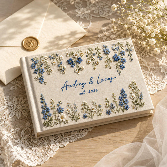 Custom Wildflower Border Embroidered Linen Wedding Guest Book, Personalized Couple Names & Date Memory Book, Wedding Gifts Idea