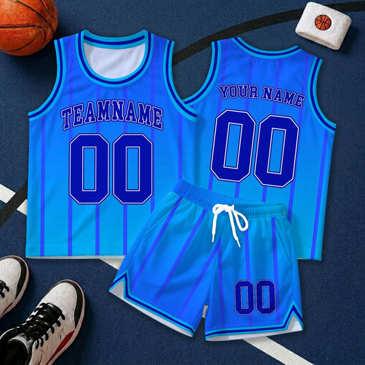 Custom Vivid Blue Basketball Jersey Set, Personalized Basketball Uniform with Team Name and Number, Striped Sports Outfit