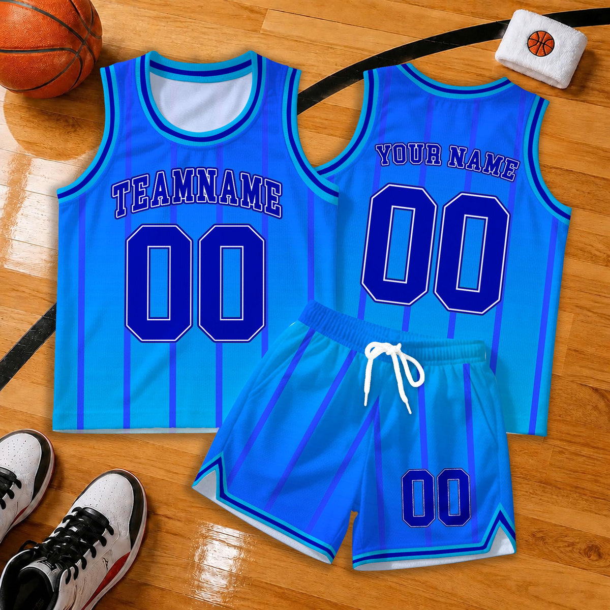 Custom Vivid Blue Basketball Jersey Set, Personalized Basketball Uniform with Team Name and Number, Striped Sports Outfit